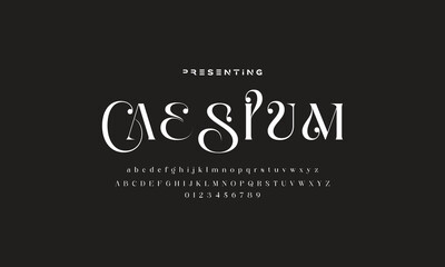 Naklejka premium Luxury wedding alphabet letters font with tails. Typography elegant classic serif fonts and number decorative vintage retro concept for logo branding. vector illustration