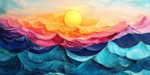 Fototapeta premium Landscape Sunset with Mountains Peaks Yellow Blue Red Wave Shapes Background 