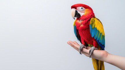 Vibrant scarlet macaw perched on hand indoor setting wildlife photography close-up perspective colorful display