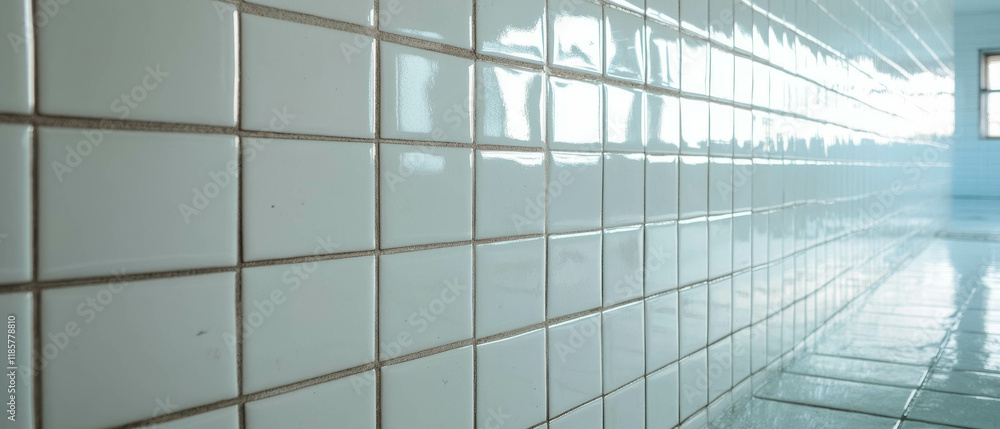 Poster clean minimalist space featuring white square tiles with thin grout lines