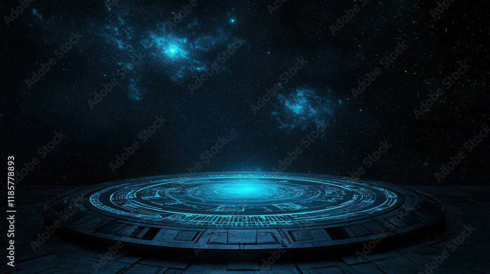 Poster enigmatic cosmic observatory floating in deep space with ethereal light patterns