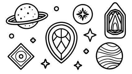 Cosmic abstract sticker collection with geometric elements on white background