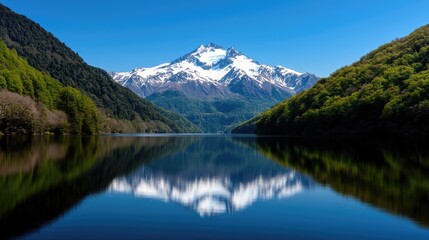 Reflections of majestic snow-capped mountain serene lake nature photography tranquil environment wide angle scenic beauty