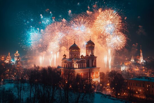 Orthodox Church, New Year Fireworks, Festive Celebration, Shining Background, Holiday Event, Illustration