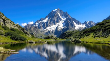Majestic mountain landscape reflection serene lake nature photography clear sky panoramic view tranquility
