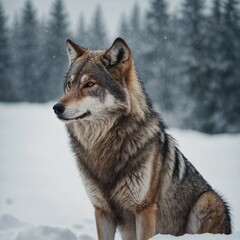 Obraz premium A confident wolf with its tail raised proudly on a snowy white backdrop.
