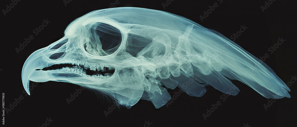 Poster x-ray view of a bird skull showcasing intricate bone structure and aerodynamic features