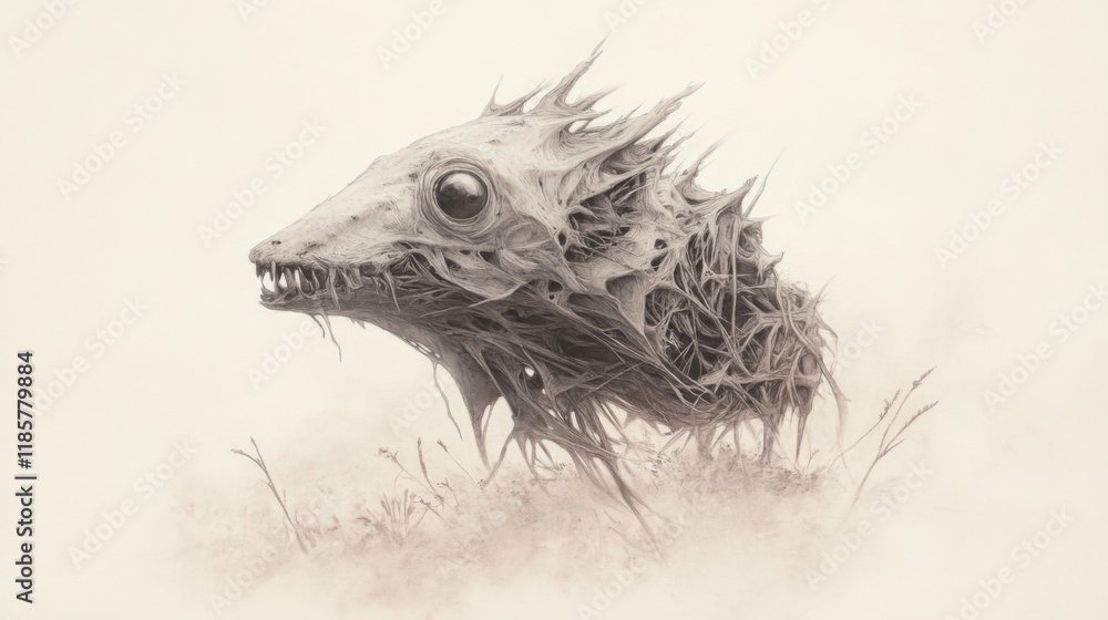 Poster monochrome digital rendering of a bizarre, spiky creature in a hazy field.