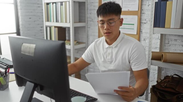 Young man in a bright room with white shelves filled with books, reviewing documents, wearing glasses and a white polo shirt while sitting at a desk with a computer and office supplies nearby
