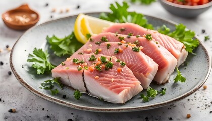tuna isolated on white. canned fish in the plate
