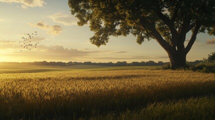 Obraz premium Wheat flied panorama with tree at sunset, rural countryside - Agriculture