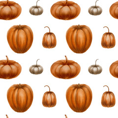 Seamless pattern rustic orange and grey pumpkins from the fall harvest as a festive holiday symbol.Farm healthy food.Decoration for Halloween,Thanksgiving.Watercolor clipart on transparent background