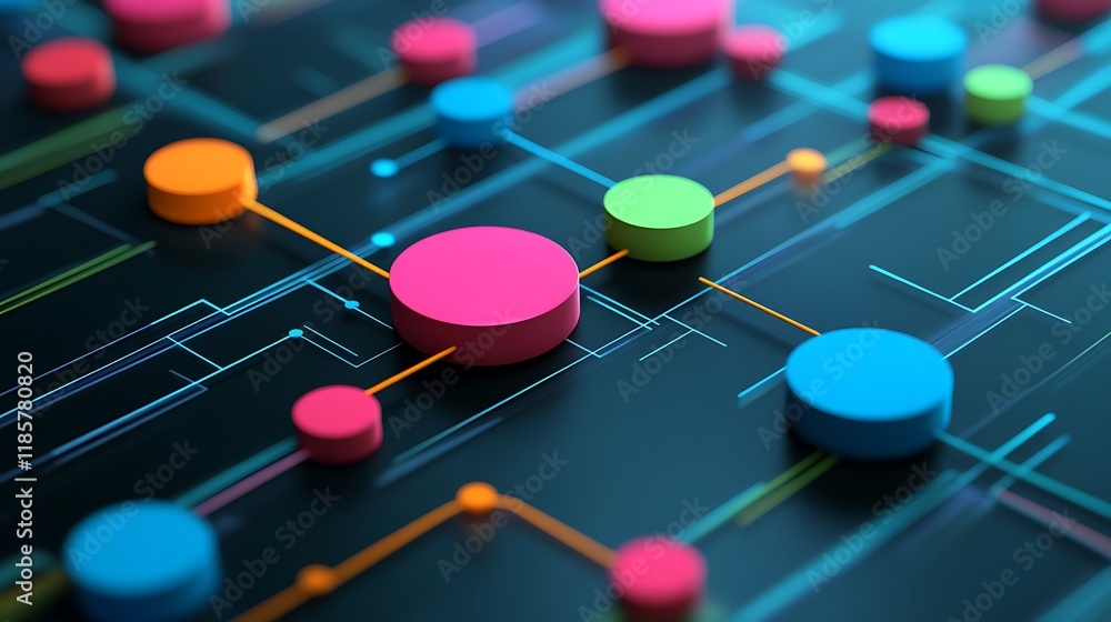 Poster abstract network of interconnected nodes showcasing vibrant colors intricate pathways.