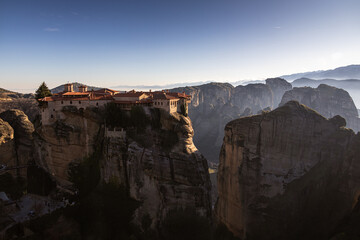 Monastery of Varlaam in Meteora. Amazing view of second biggest orthodox monastery in Meteora, Greece. Beautiful sunset light over Meteora.