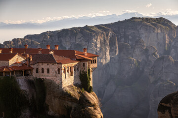 Monastery of Varlaam in Meteora. Amazing view of second biggest orthodox monastery in Meteora, Greece. Beautiful sunset light over Meteora.