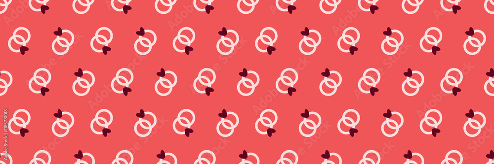 Poster romantic linked rings pattern with hearts on coral red background. valentines day seamless pattern l