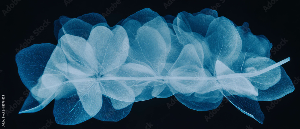 Poster detailed x-ray reveal of hydrangea flower with clustered blooms and intricate textures
