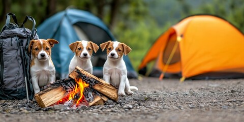 puppy pet travel concept. Three dogs sitting by a campfire with tents in the background.