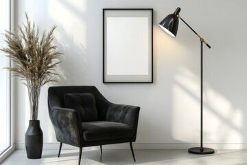 Modern minimalist room, chair, lamp, poster mockup, sunlight