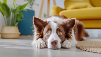 Curious brown and white border collie lies on the floor, observing its surroundings with playful intrigue.
