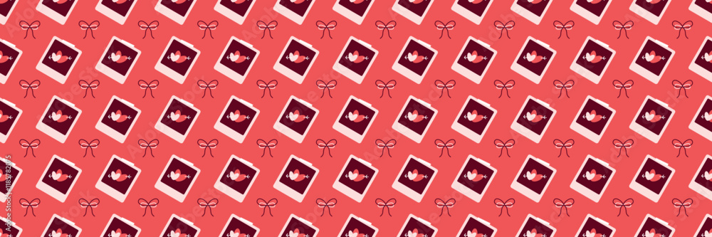 Poster polaroid heart and bow pattern on coral red background valentines day seamless pattern long horizont