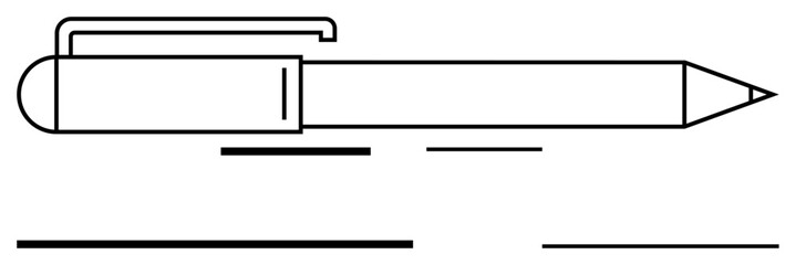 Ballpoint pen in linear style with pocket clip and pointed tip. Ideal for writing tools, stationery, office supplies, organization, creativity, minimalism trends, abstract line flat metaphor