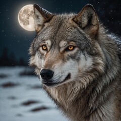 Fototapeta premium A wolf with the moon reflected in its eyes on a white canvas.