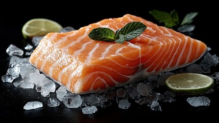 Fresh Salmon Fillet on Ice with Lime and Mint