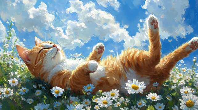 A playful orange tabby cat lying on its back in a field of daisies, looking up at a bright blue sky with fluffy white clouds. - Powered by Adobe