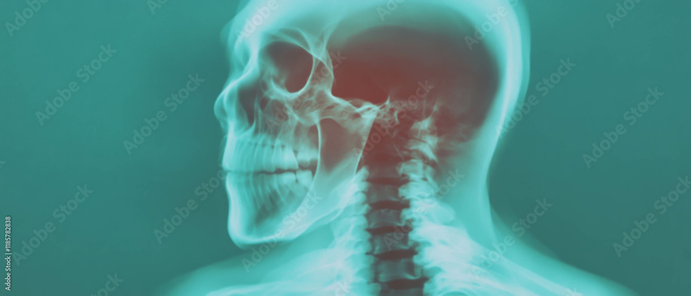 Poster Blurred X-ray texture creating a dreamlike quality of the skull and cervical spine