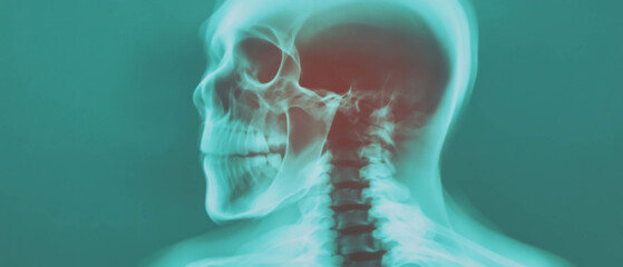 Blurred X-ray texture creating a dreamlike quality of the skull and cervical spine