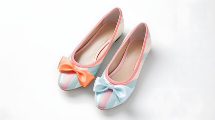 Beautifully captured pastel colored ballet flats placed on a clean white background highlighting their delicate feminine and graceful aesthetic