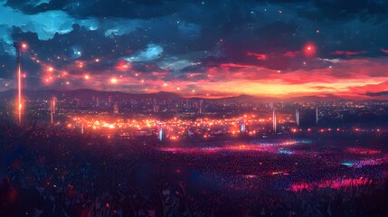 Fototapeta premium Night Concert Cityscape Huge Crowd Vivid Sunset