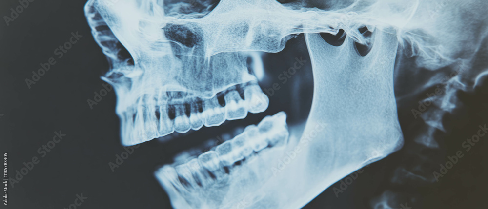 Poster x-ray of human skull showing detailed structure and sharp definition clearly depicted