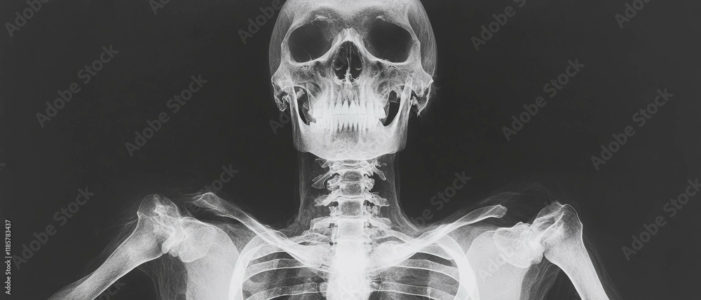 Poster detailed representation of a human skeleton showcasing distinct x-ray features