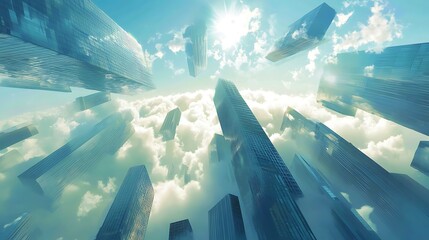 Digital artwork depicting a surreal cityscape of skyscrapers floating amidst fluffy clouds under a bright sky.