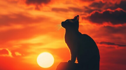 A relaxed Siamese cat being gently lifted toward a sunset sky, its silhouette framed by warm orange and red hues.