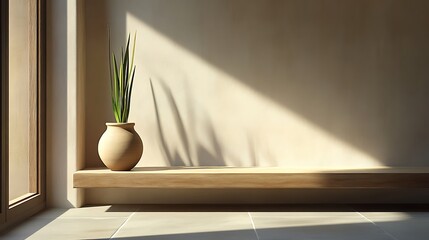 Sunlight illuminates a plant on a wooden shelf
