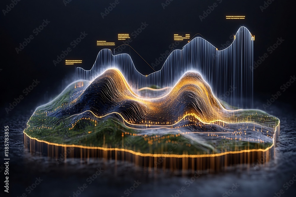 Poster breathtaking dynamic topographic data visualization showcasing surging fluid data streams and hypnot