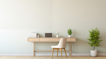 Modern minimalist home office with a light wood desk, white furniture, and a potted plant. Ideal for remote work or study in a clean, organized space.