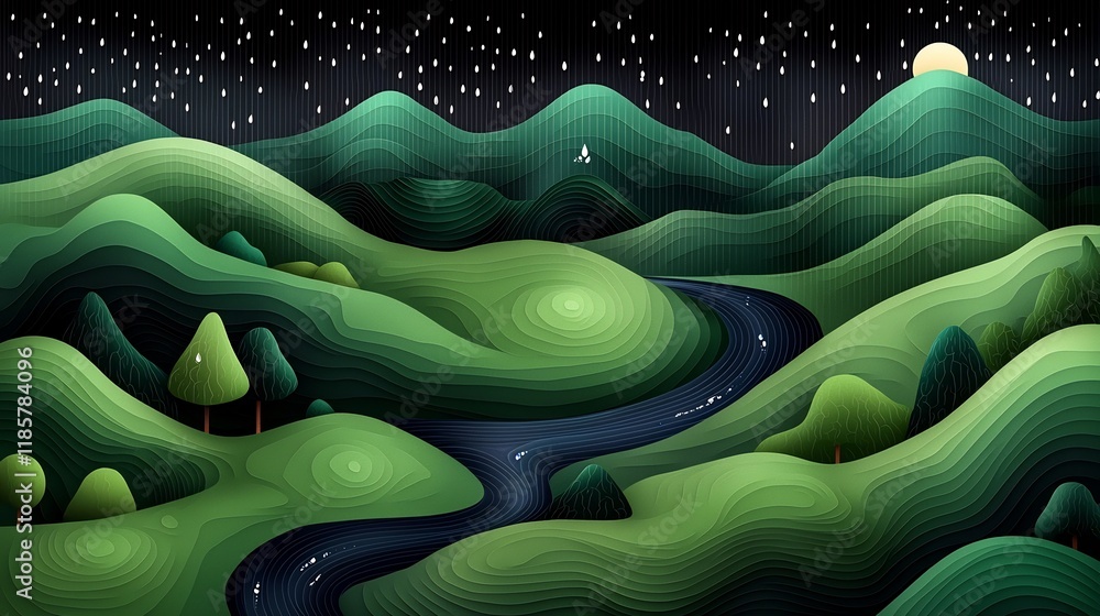 Poster captivating topographic landscape with fluid rainfall data visualization lush and verdant terrain wi