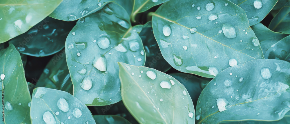 Poster seamless pattern of dew drops resting on lush green leaves in a tranquil natural setting