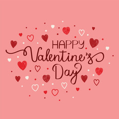 Happy Valentine’s Day typography. Background with cute hand drawn hearts. Vector illustration