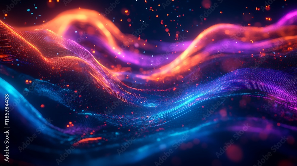 Poster dynamic digital artwork featuring vibrant with flowing waves of light color.