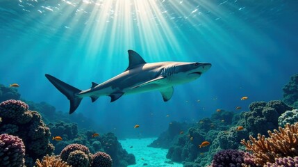 Oceanic Apex Predator Gracefully Navigating a Vibrant Coral Reef Ecosystem