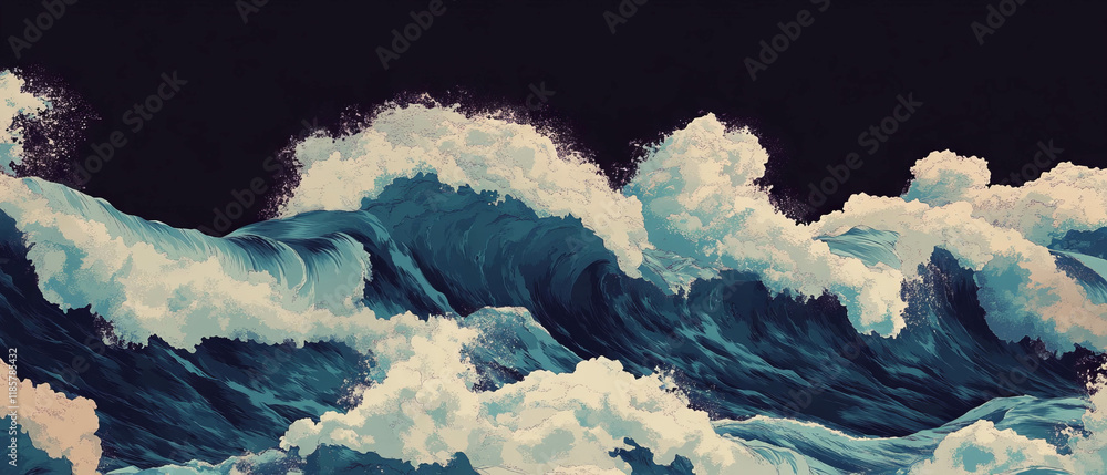 Poster powerful ocean waves creating a seamless texture with foamy crests and deep blue tones