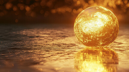 Fototapeta premium Glowing Golden Sphere Floating in Air with Ethereal Light Reflection