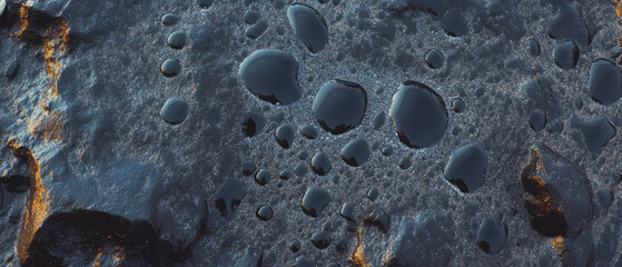 Icy rain droplets create a unique textured pattern on a dark surface in a natural setting