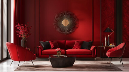 A red living room with a red couch and two red chairs