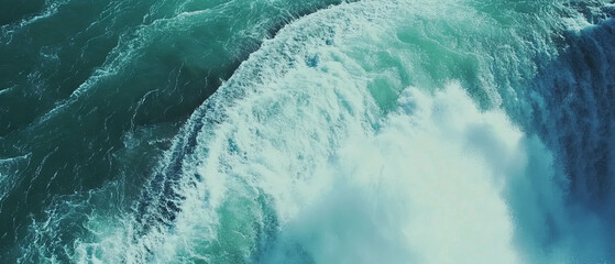 Majestic icy waterfall cascading with powerful splashes into the azure depths below